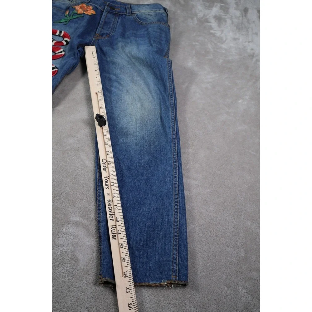 Gucci Snake Flower Embroidered Straight Leg Jeans Medium Wash Blue Denim Womens